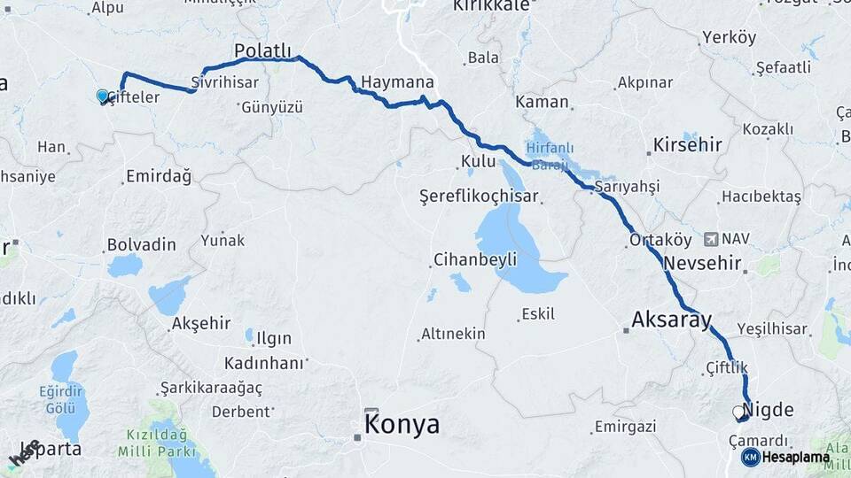 Eskişehir Çifteler Niğde Arası Kaç Km - Yol Haritası