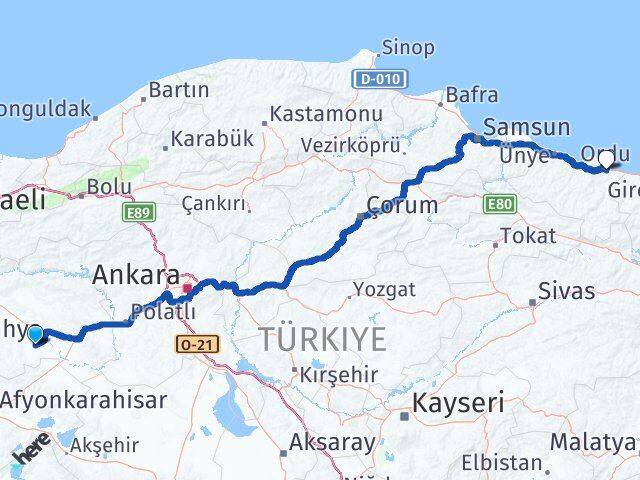 Eskişehir Çifteler Ordu Arası Kaç Km - Yol Haritası
