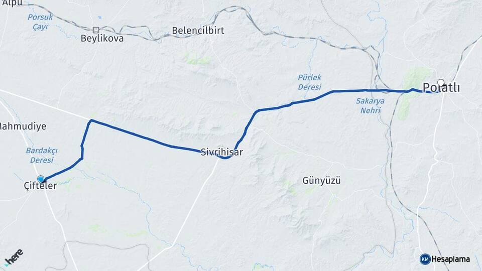 Eskişehir Çifteler Polatlı Ankara Arası Kaç Km - Yol Haritası
