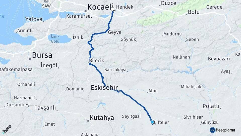 Eskişehir Çifteler Sakarya Arası Kaç Km - Yol Haritası