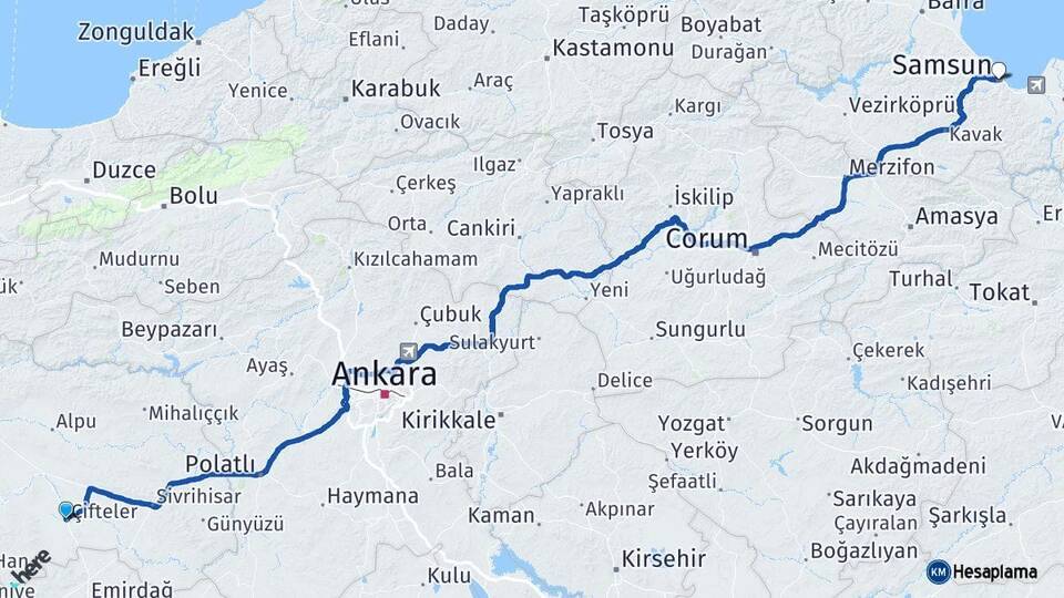 Eskişehir Çifteler Samsun Arası Kaç Km - Yol Haritası