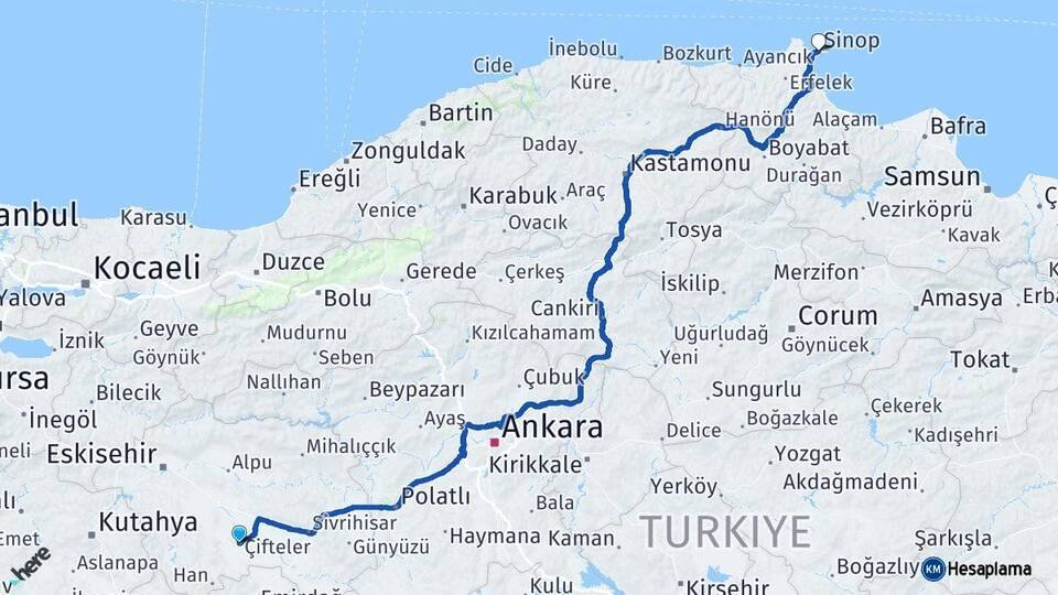 Eskişehir Çifteler Sinop Arası Kaç Km - Yol Haritası