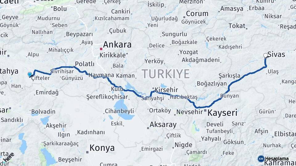 Eskişehir Çifteler Sivas Arası Kaç Km - Yol Haritası
