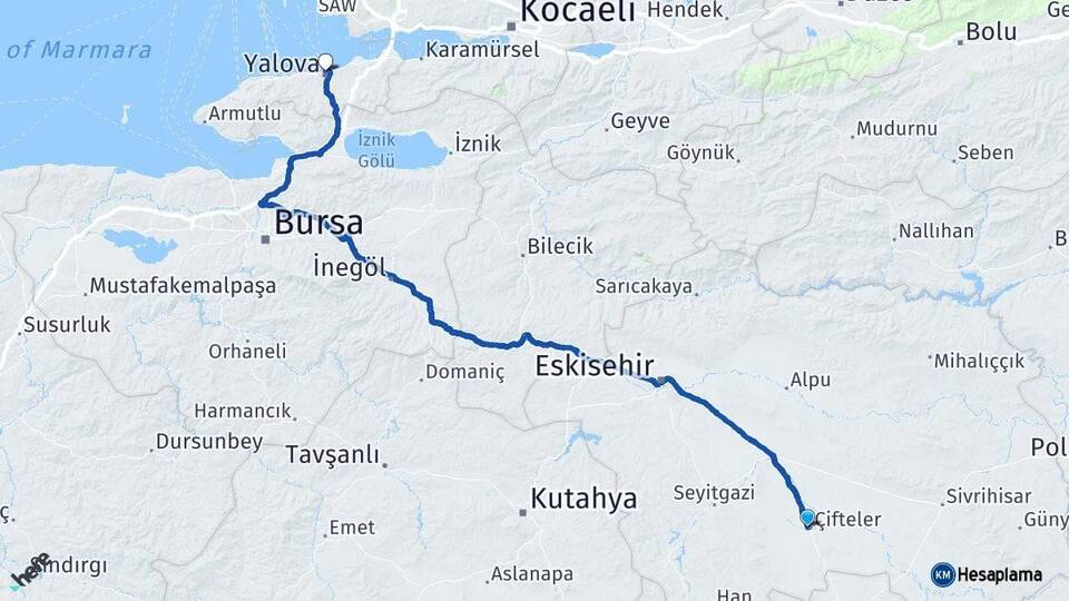 Eskişehir Çifteler Yalova Arası Kaç Km - Yol Haritası