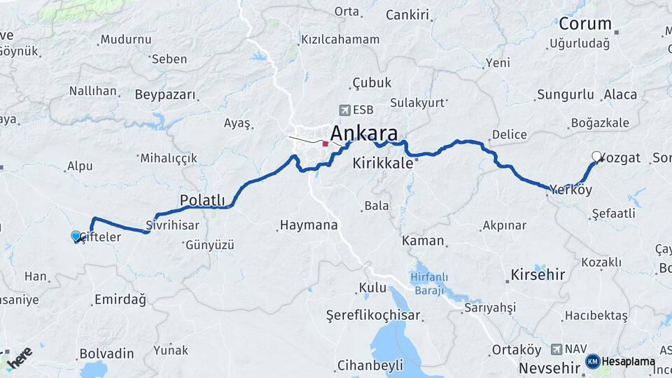 Eskişehir Çifteler Yozgat Arası Kaç Km - Yol Haritası