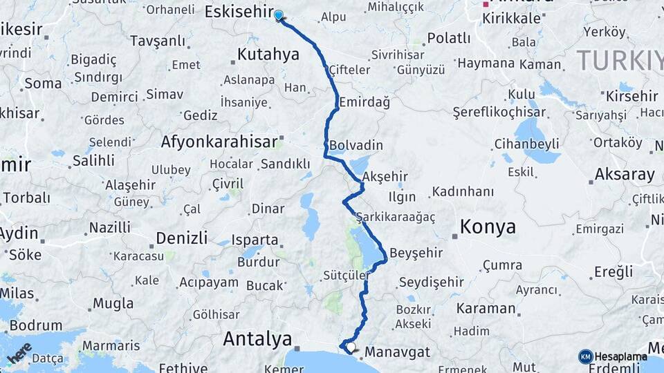 Eskişehir Çolaklı Manavgat Antalya Arası Kaç Km - Yol Haritası