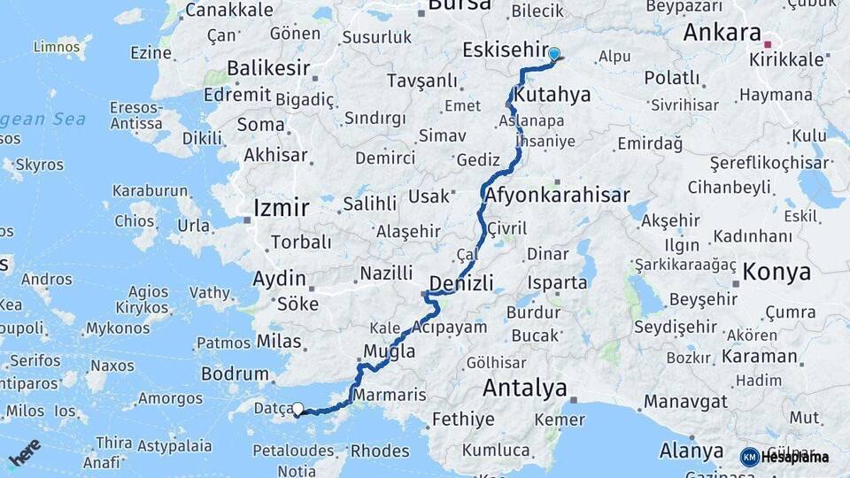 Eskişehir Datça Muğla Arası Kaç Km - Yol Haritası