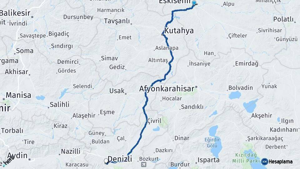 Eskişehir Denizli Arası Kaç Km - Yol Haritası