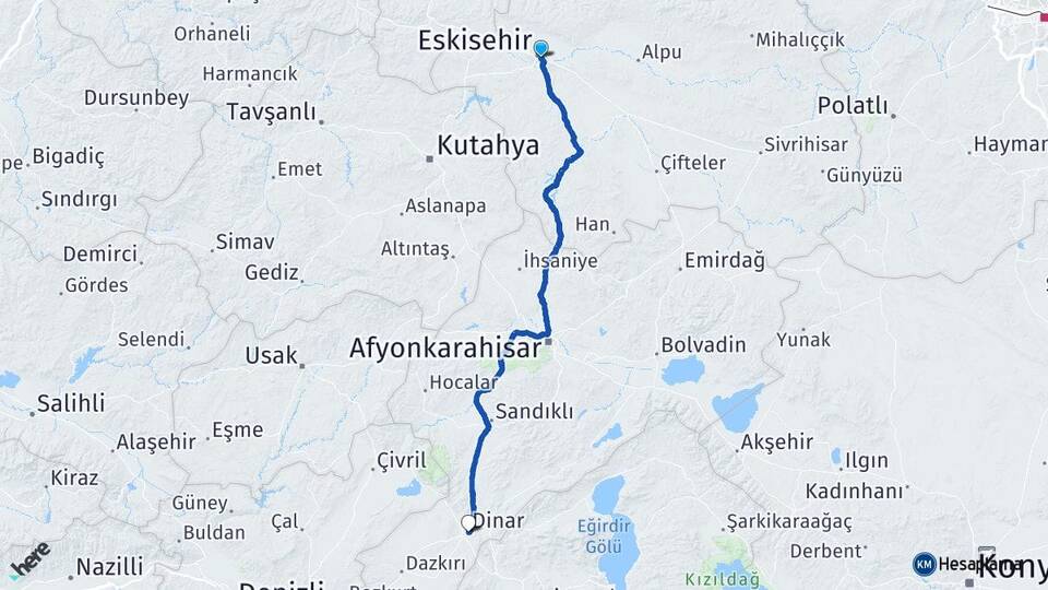 Eskişehir Dinar Afyonkarahisar Arası Kaç Km - Yol Haritası