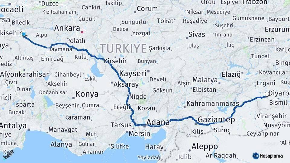 Eskişehir Diyarbakır Arası Kaç Km - Yol Haritası