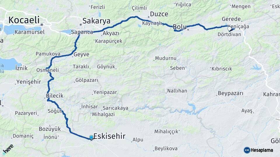 Eskişehir Dörtdivan Bolu Arası Kaç Km - Yol Haritası