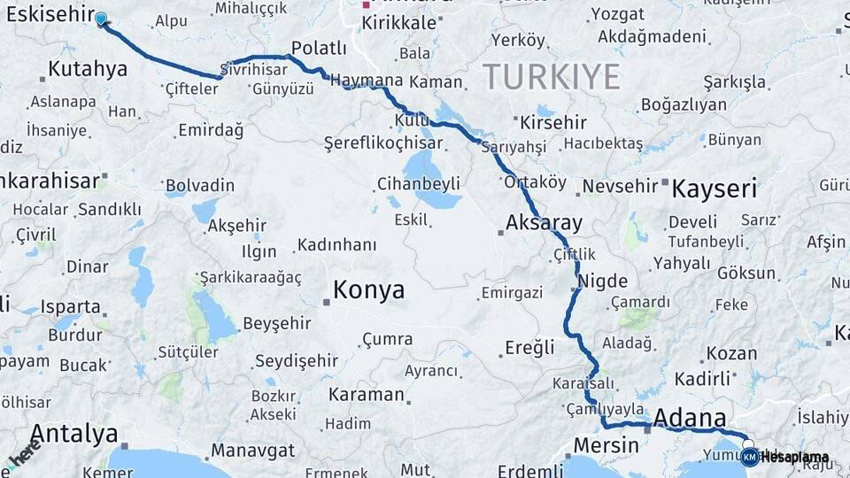 Eskişehir Dörtyol Hatay Arası Kaç Km - Yol Haritası