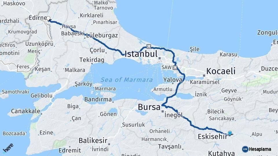 Eskişehir Edirne Arası Kaç Km - Yol Haritası