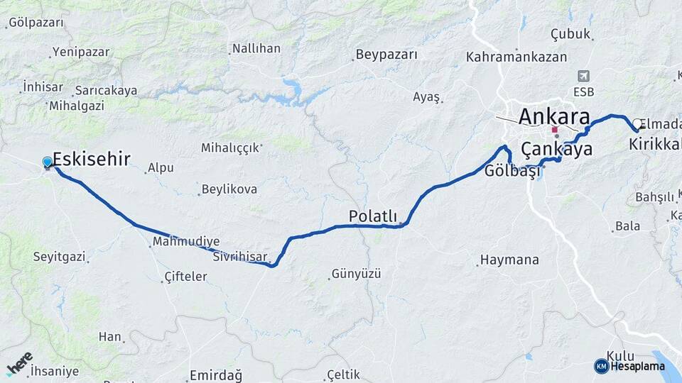 Eskişehir Elmadağ Ankara Arası Kaç Km - Yol Haritası