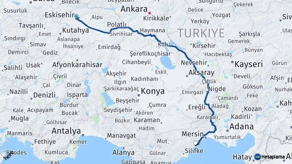 Eskişehir Erdemli Mersin Arası Kaç Km - Yol Haritası