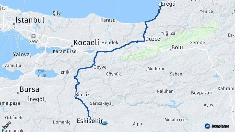 Eskişehir Ereğli Zonguldak Arası Kaç Km - Yol Haritası