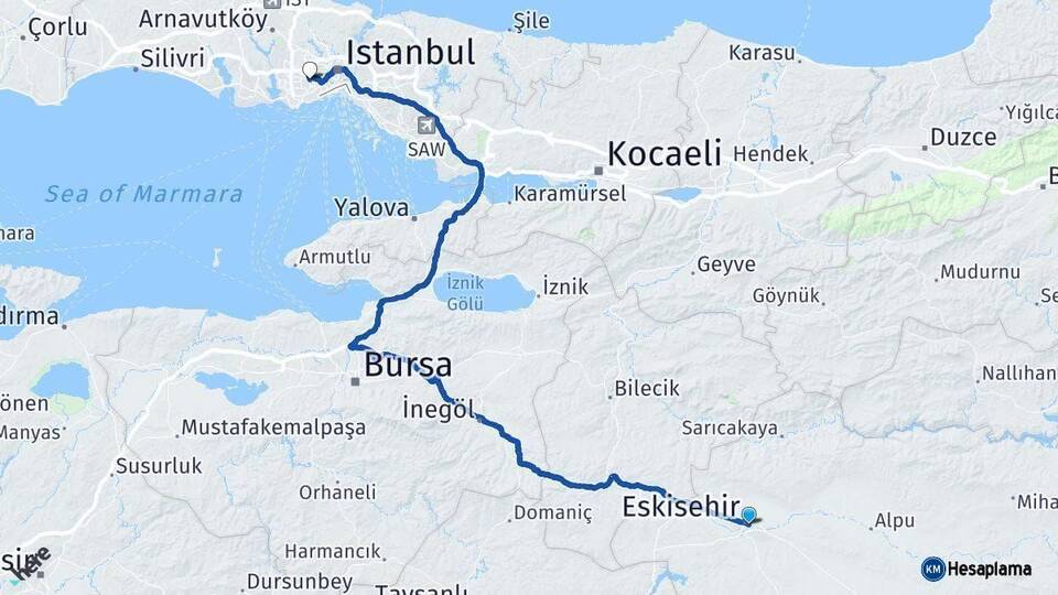 Eskişehir Esenler İstanbul Arası Kaç Km - Yol Haritası