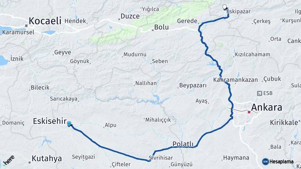 Eskişehir Eskipazar Karabük Arası Kaç Km - Yol Haritası