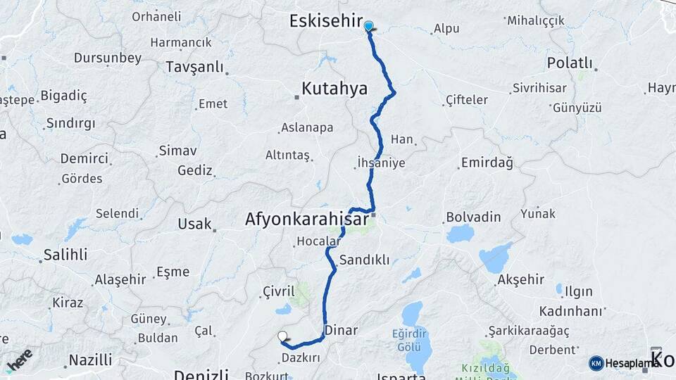 Eskişehir Evciler Afyonkarahisar Arası Kaç Km - Yol Haritası