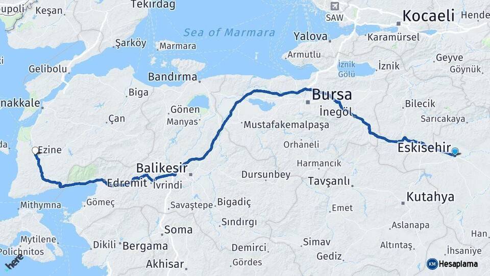 Eskişehir Ezine Çanakkale Arası Kaç Km - Yol Haritası