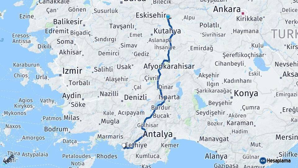 Eskişehir Fethiye Muğla Arası Kaç Km - Yol Haritası