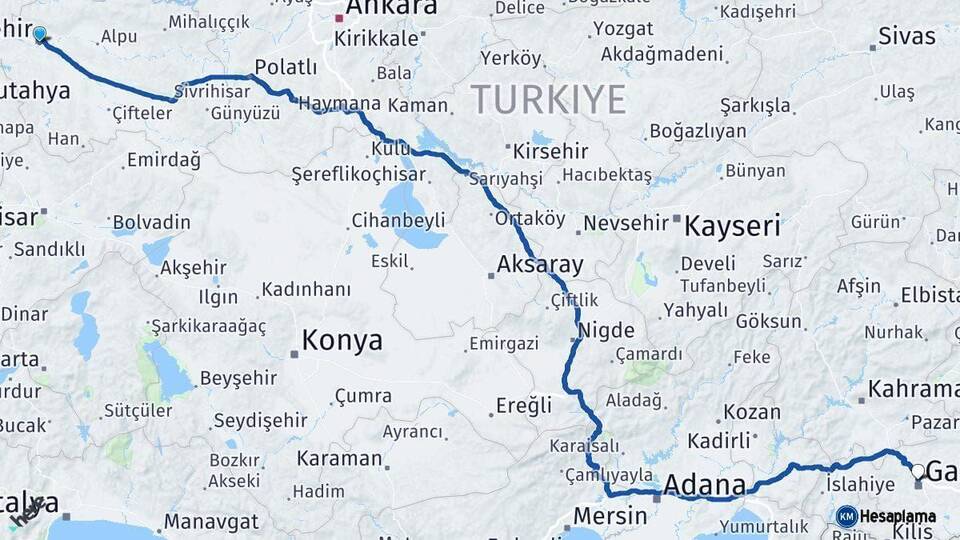 Eskişehir Gaziantep Arası Kaç Km - Yol Haritası