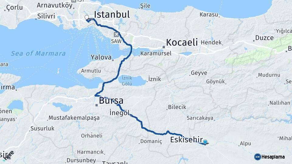 Eskişehir Gaziosmanpaşa İstanbul Arası Kaç Km - Yol Haritası