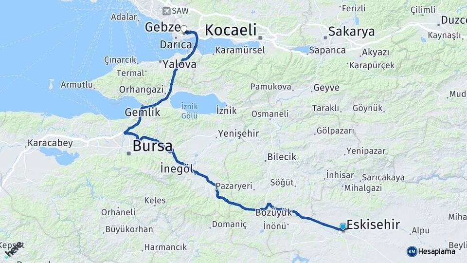 Eskişehir Gebze Kocaeli Arası Kaç Km - Yol Haritası