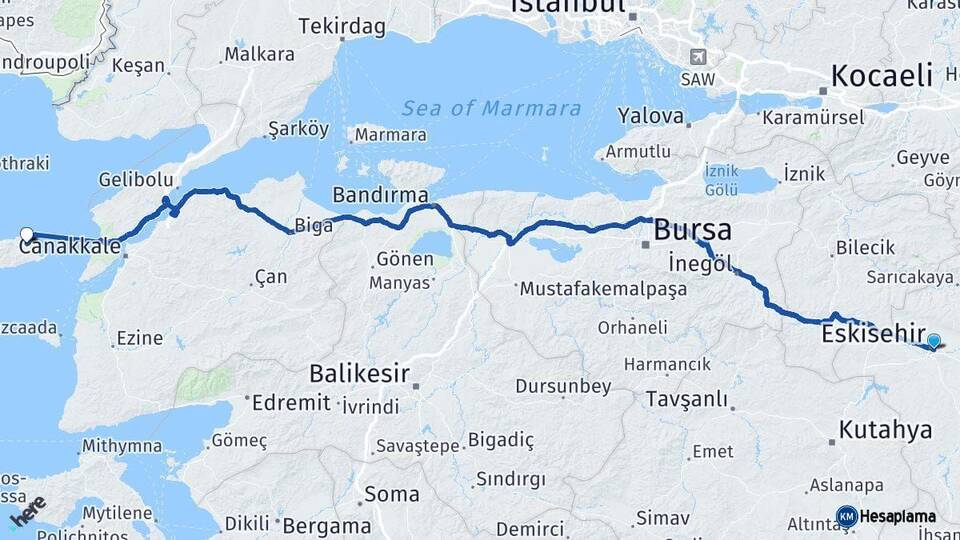 Eskişehir Gökçeada Çanakkale Arası Kaç Km - Yol Haritası