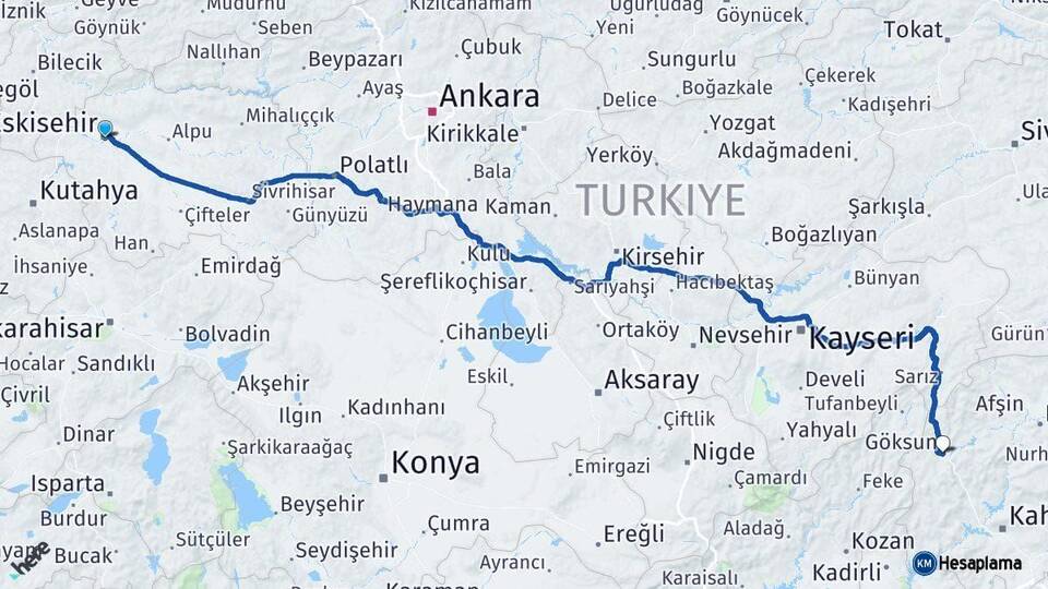 Eskişehir Göksun Kahramanmaraş Arası Kaç Km - Yol Haritası