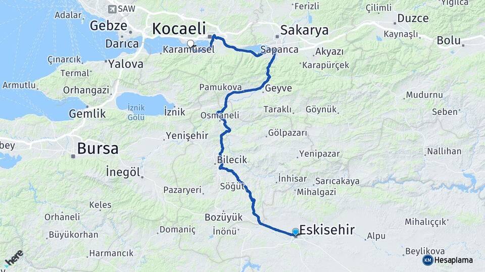 Eskişehir Gölcük Kocaeli Arası Kaç Km - Yol Haritası