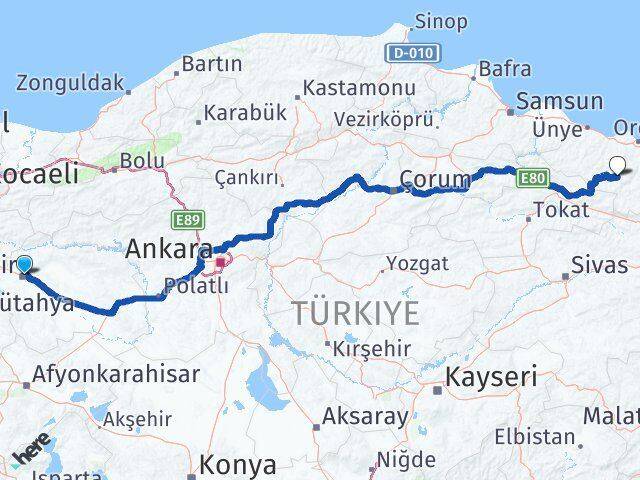 Eskişehir Gölköy Ordu Arası Kaç Km - Yol Haritası