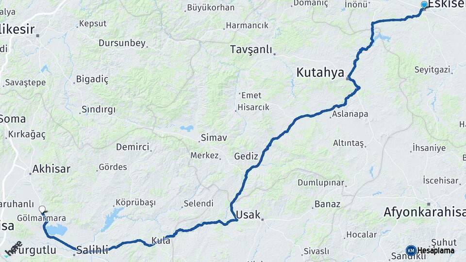 Eskişehir Gölmarmara Manisa Arası Kaç Km - Yol Haritası