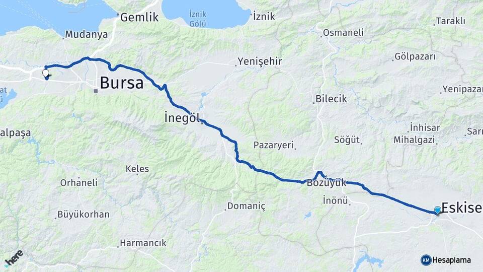 Eskişehir Görükle Nilüfer Bursa Arası Kaç Km - Yol Haritası