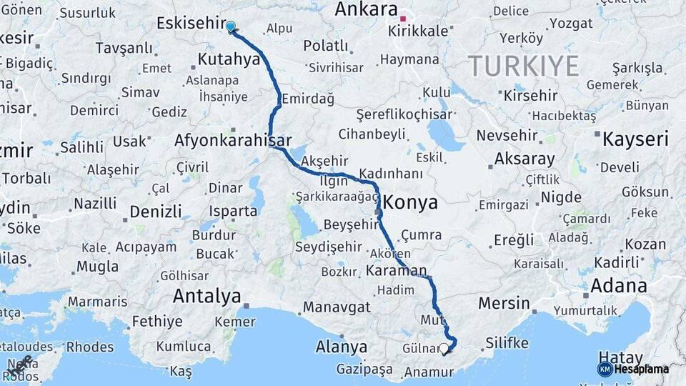 Eskişehir Gülnar Mersin Arası Kaç Km - Yol Haritası