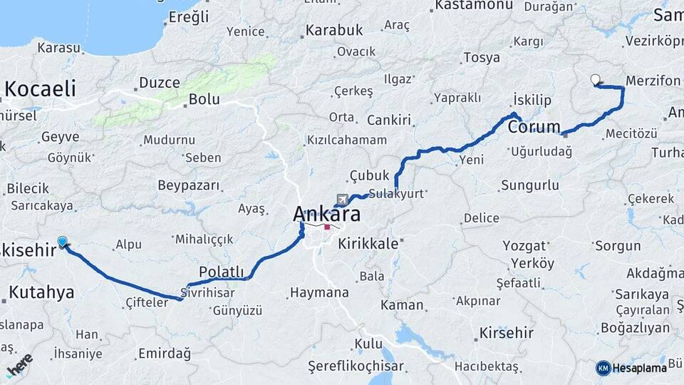 Eskişehir Gümüşhacıköy Amasya Arası Kaç Km - Yol Haritası