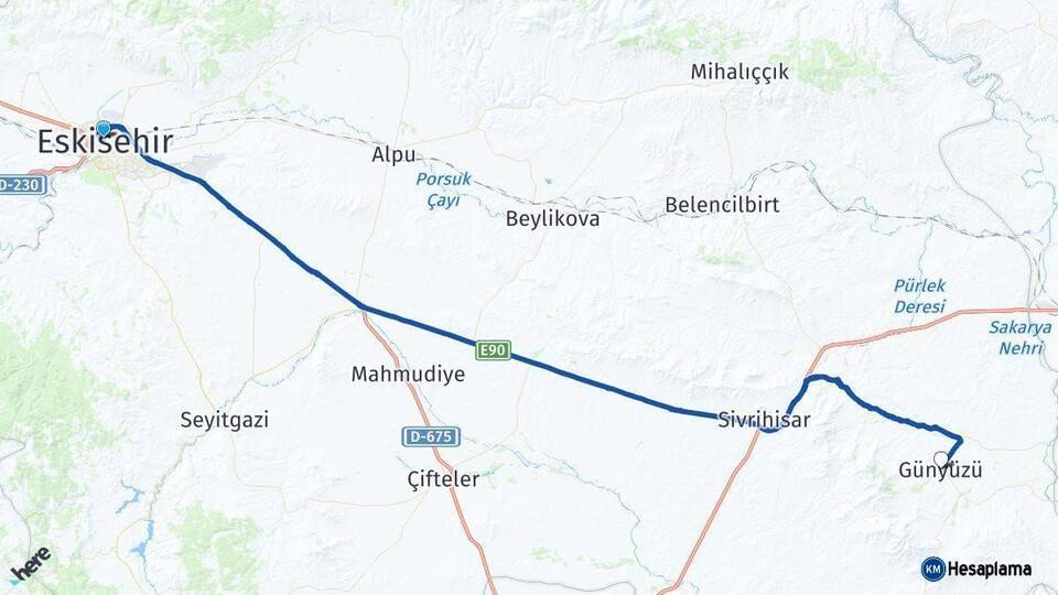 Eskişehir Günyüzü Arası Kaç Km - Yol Haritası