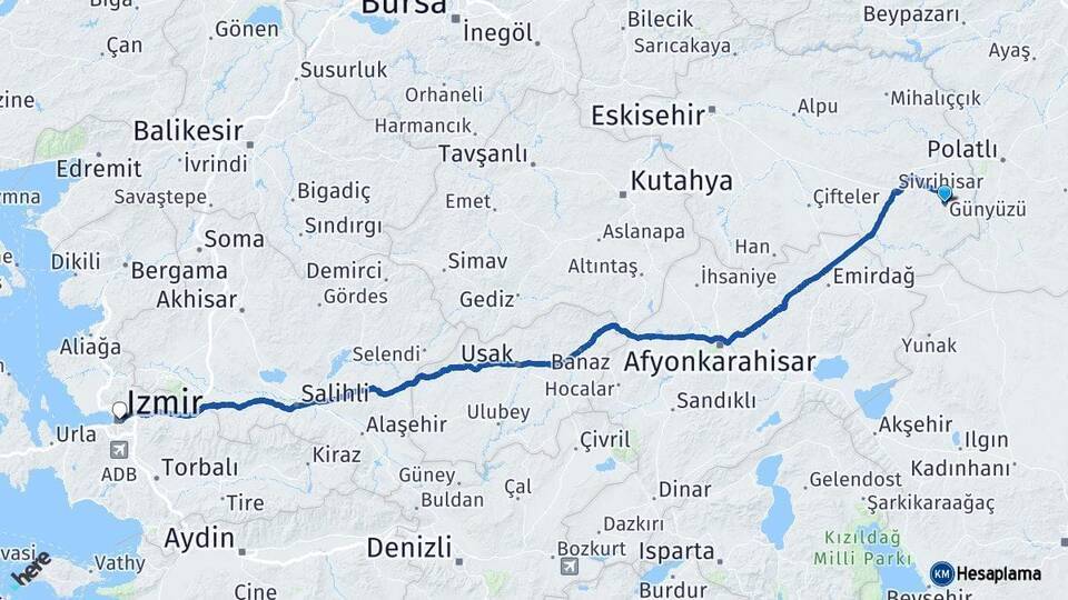 Günyüzü İzmir Arası Kaç Km - Yol Tarifi
