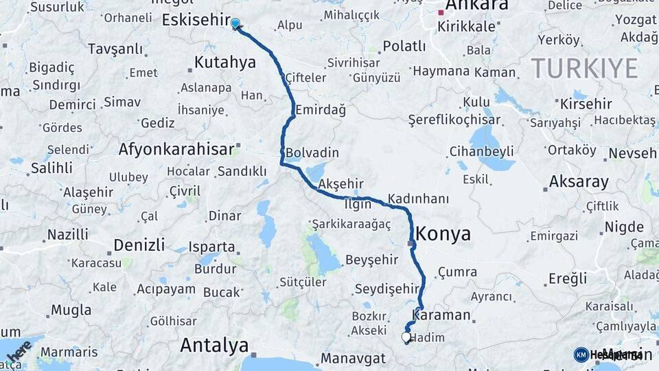 Eskişehir Hadim Konya Arası Kaç Km - Yol Haritası
