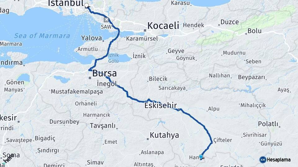 Eskişehir Han İstanbul Arası Kaç Km - Yol Haritası