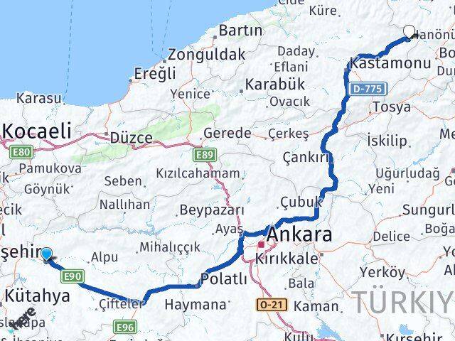 Eskişehir Hanönü Kastamonu Arası Kaç Km - Yol Haritası