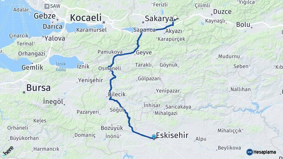 Eskişehir Hendek Sakarya Arası Kaç Km - Yol Haritası