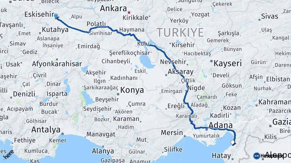 Eskişehir İskenderun Hatay Arası Kaç Km - Yol Haritası
