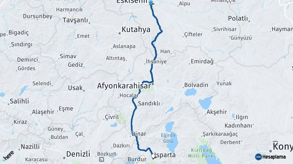 Eskişehir Isparta Arası Kaç Km - Yol Haritası