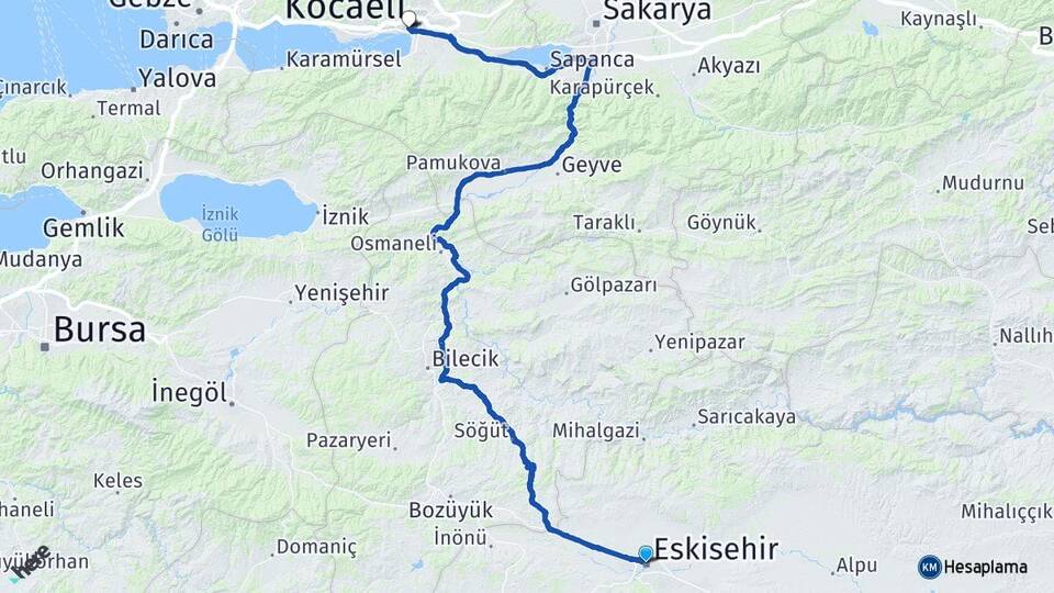 Eskişehir İzmit Kocaeli Arası Kaç Km - Yol Haritası