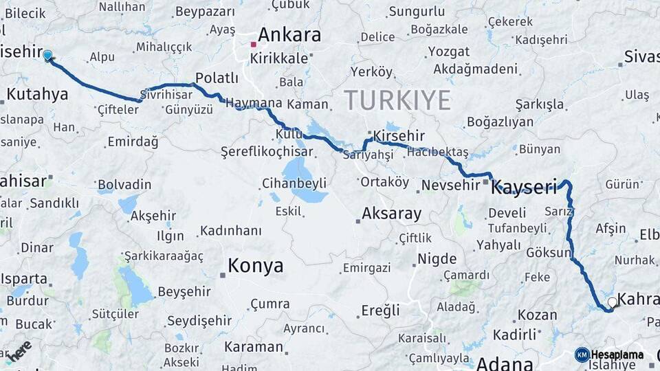 Eskişehir Kahramanmaraş Arası Kaç Km - Yol Haritası