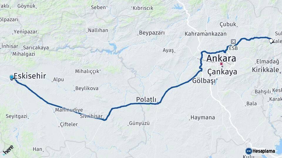 Eskişehir Kalecik Ankara Arası Kaç Km - Yol Haritası