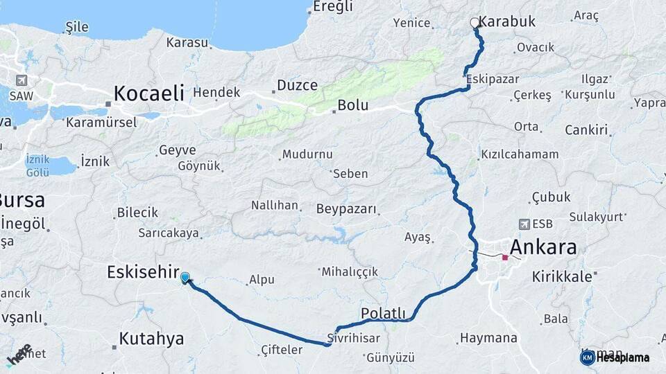 Eskişehir Karabük Arası Kaç Km - Yol Haritası