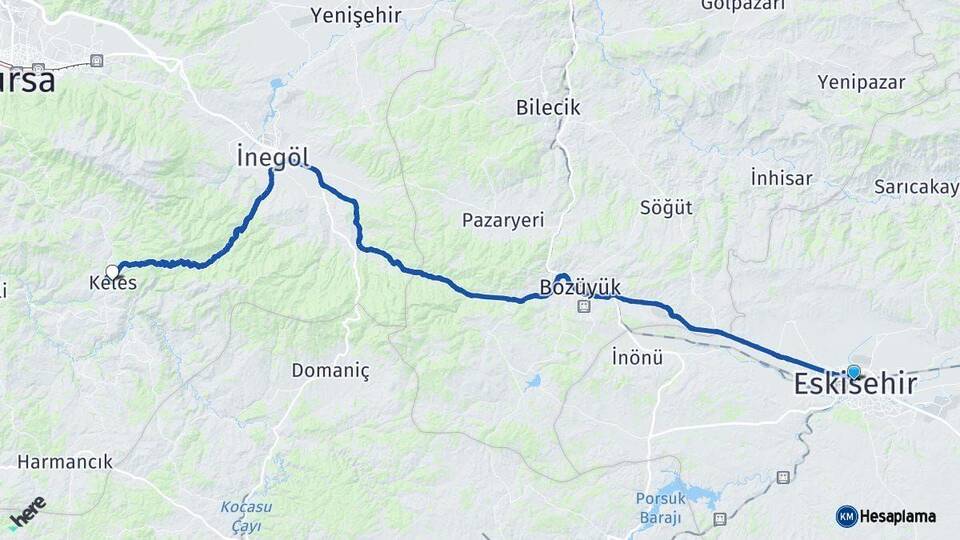 Eskişehir Keles Bursa Arası Kaç Km - Yol Haritası