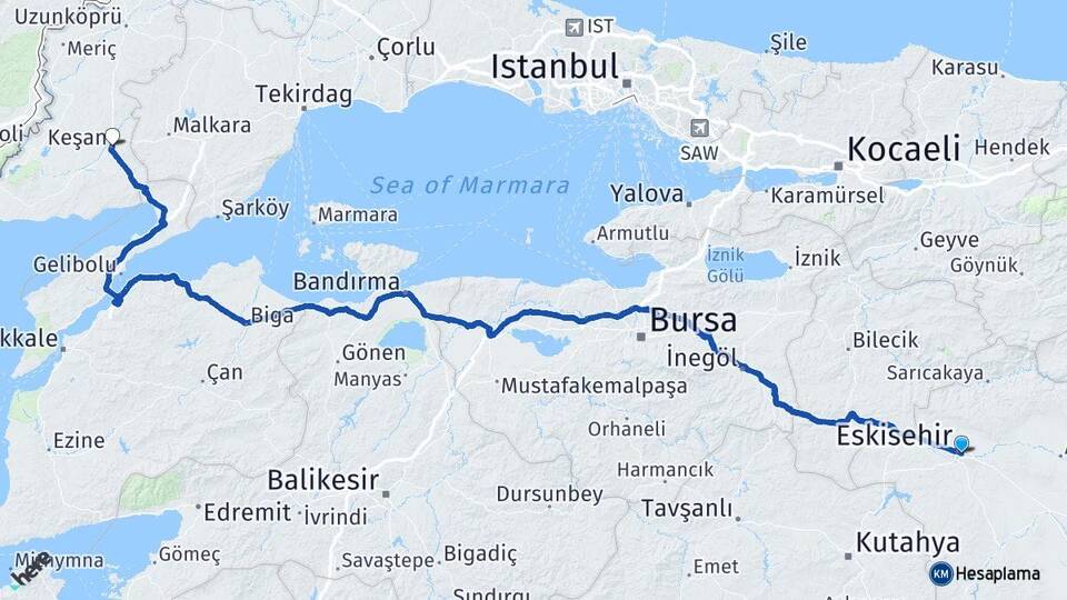 Eskişehir Keşan Edirne Arası Kaç Km - Yol Haritası